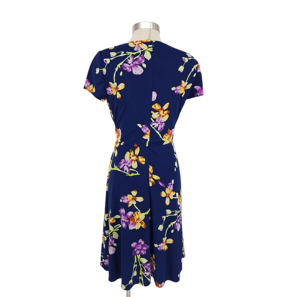 LRL Ralph Lauren Faux Wrap Fit Flare Dress Blue Floral Short Sleeve V Neck Zip 6 - Picture 6 of 11